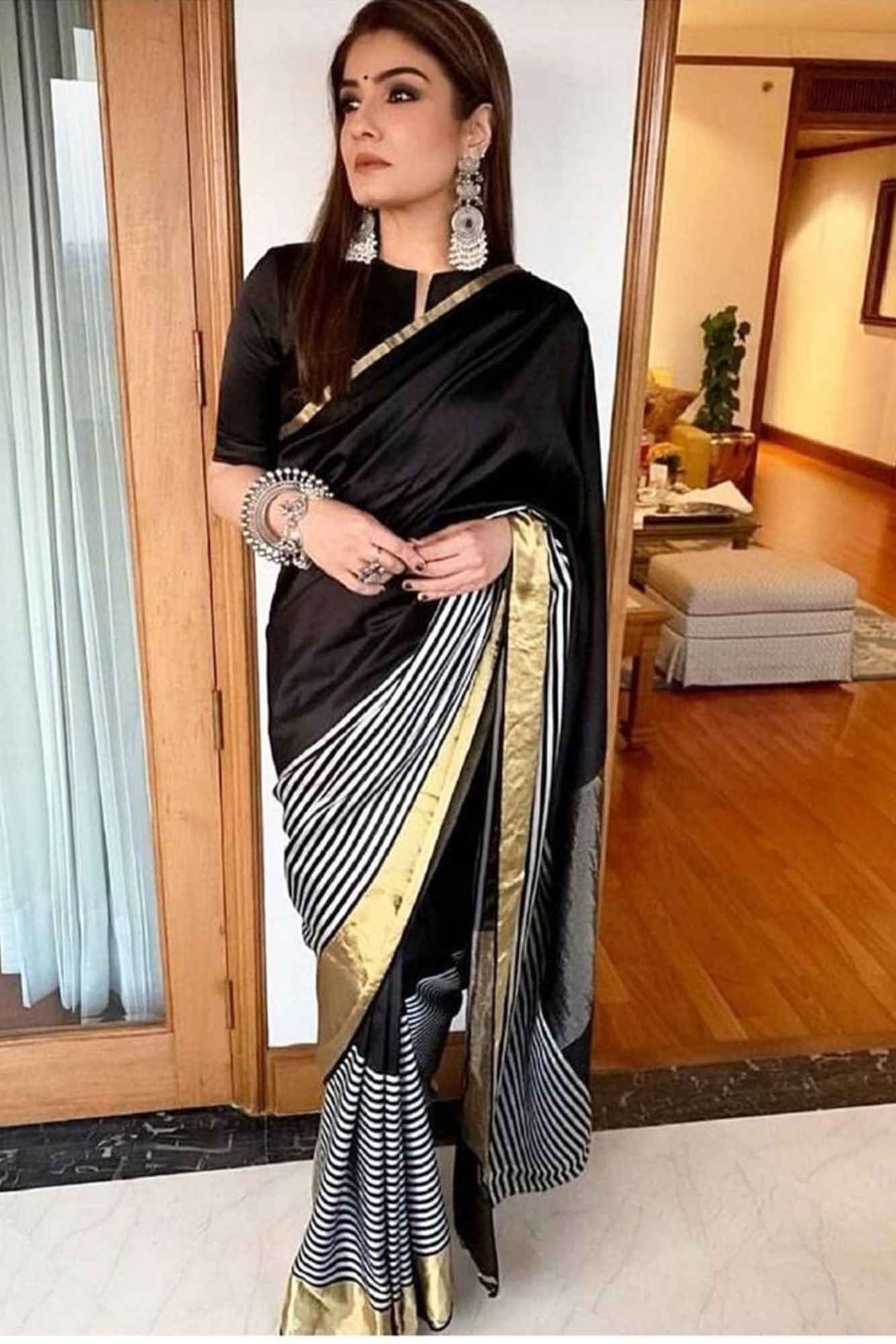 Raveena Tandon inspired semi katan silk Black & White Striped with Gold Zari Border Ready To Wear Saree