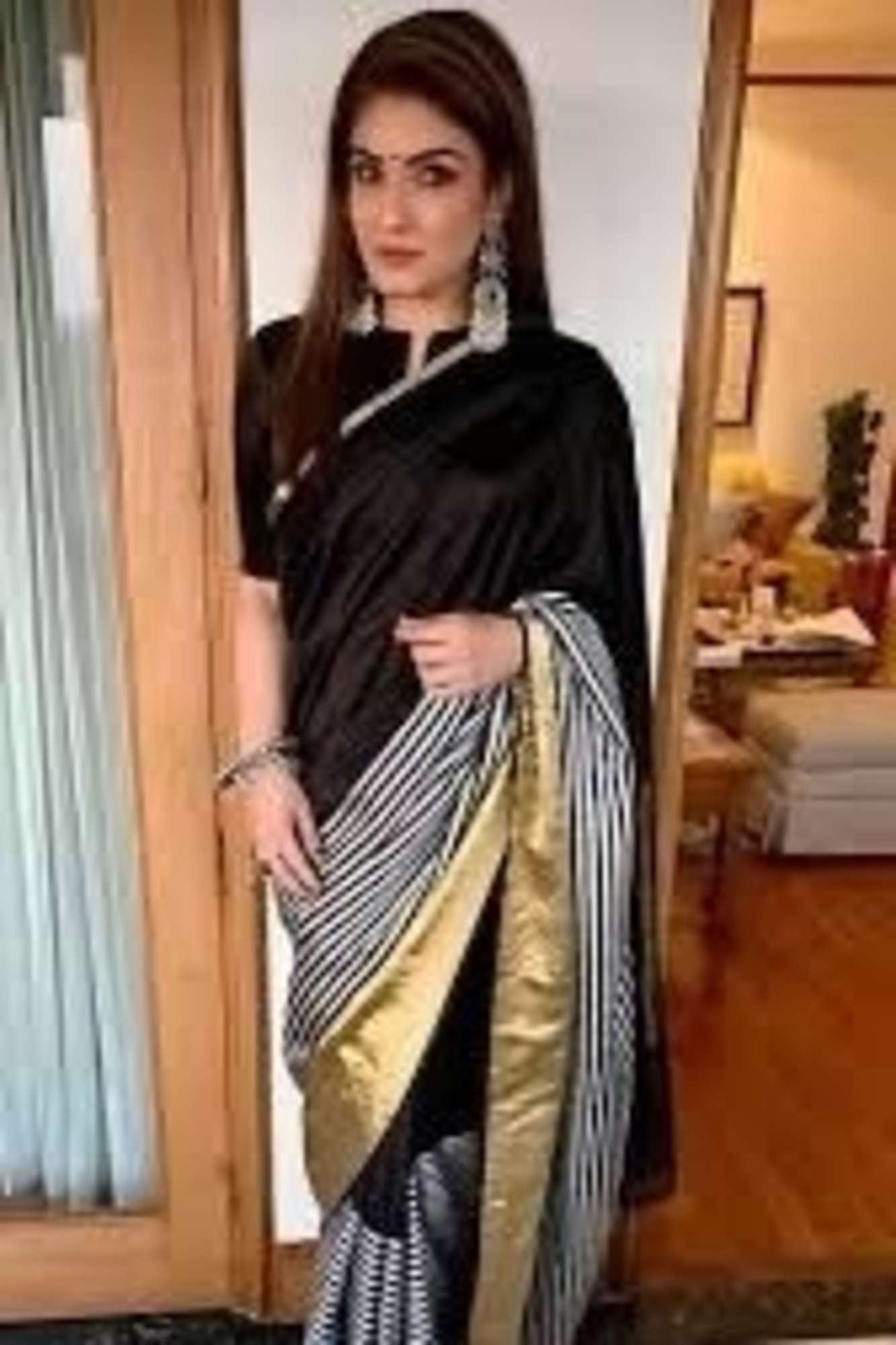 Raveena Tandon inspired semi katan silk Black & White Striped with Gold Zari Border Ready To Wear Saree
