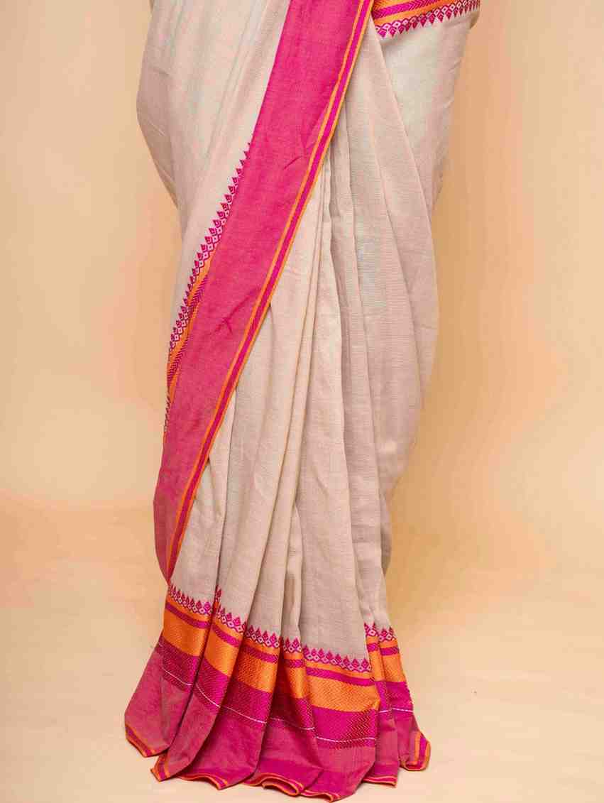 Elegant Off-White Cotton with Pink Zari Border Ready To Wear Saree