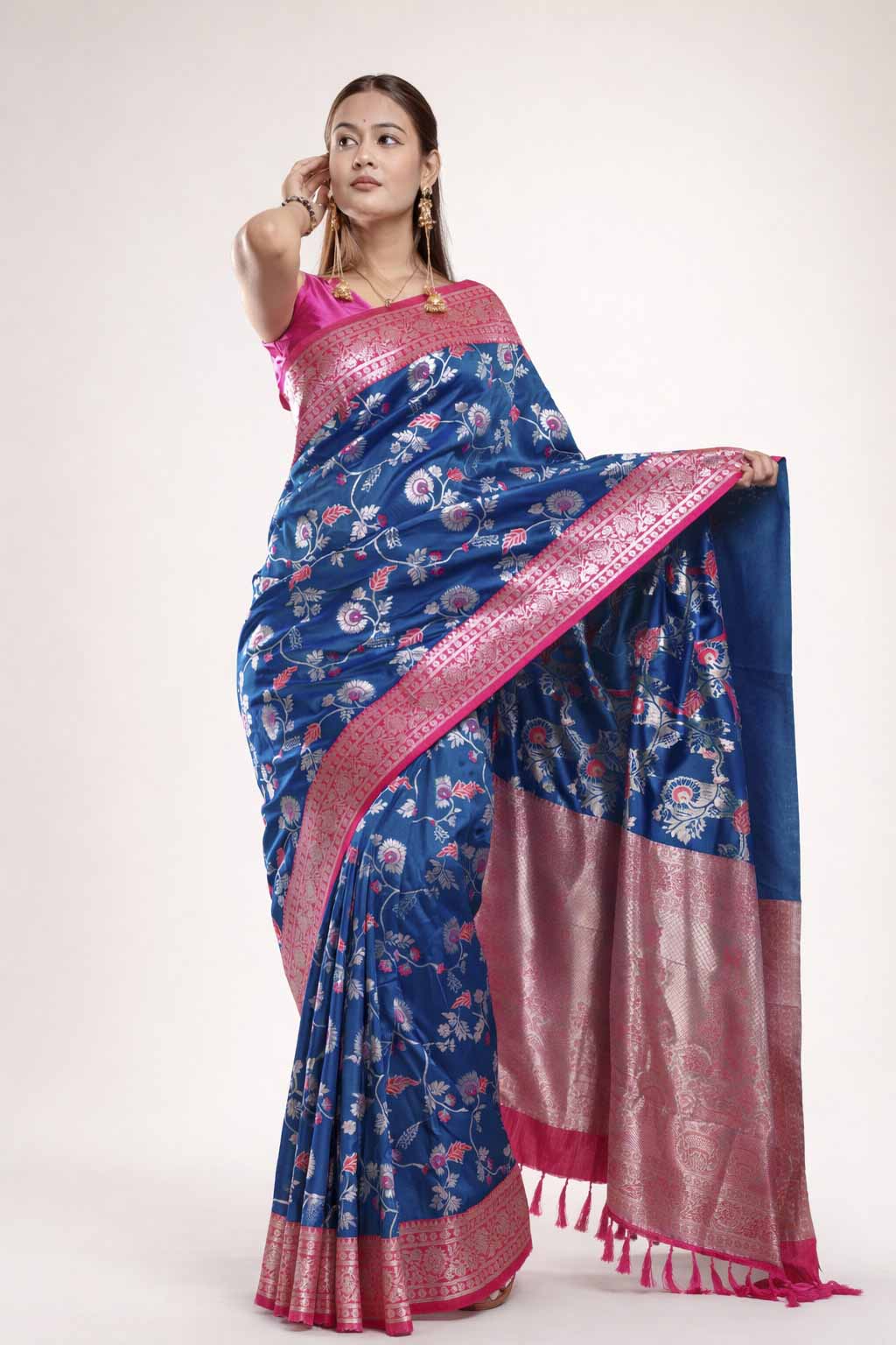 Royal Blue Floral Silk with Pink Zari Border Ready To Wear Saree