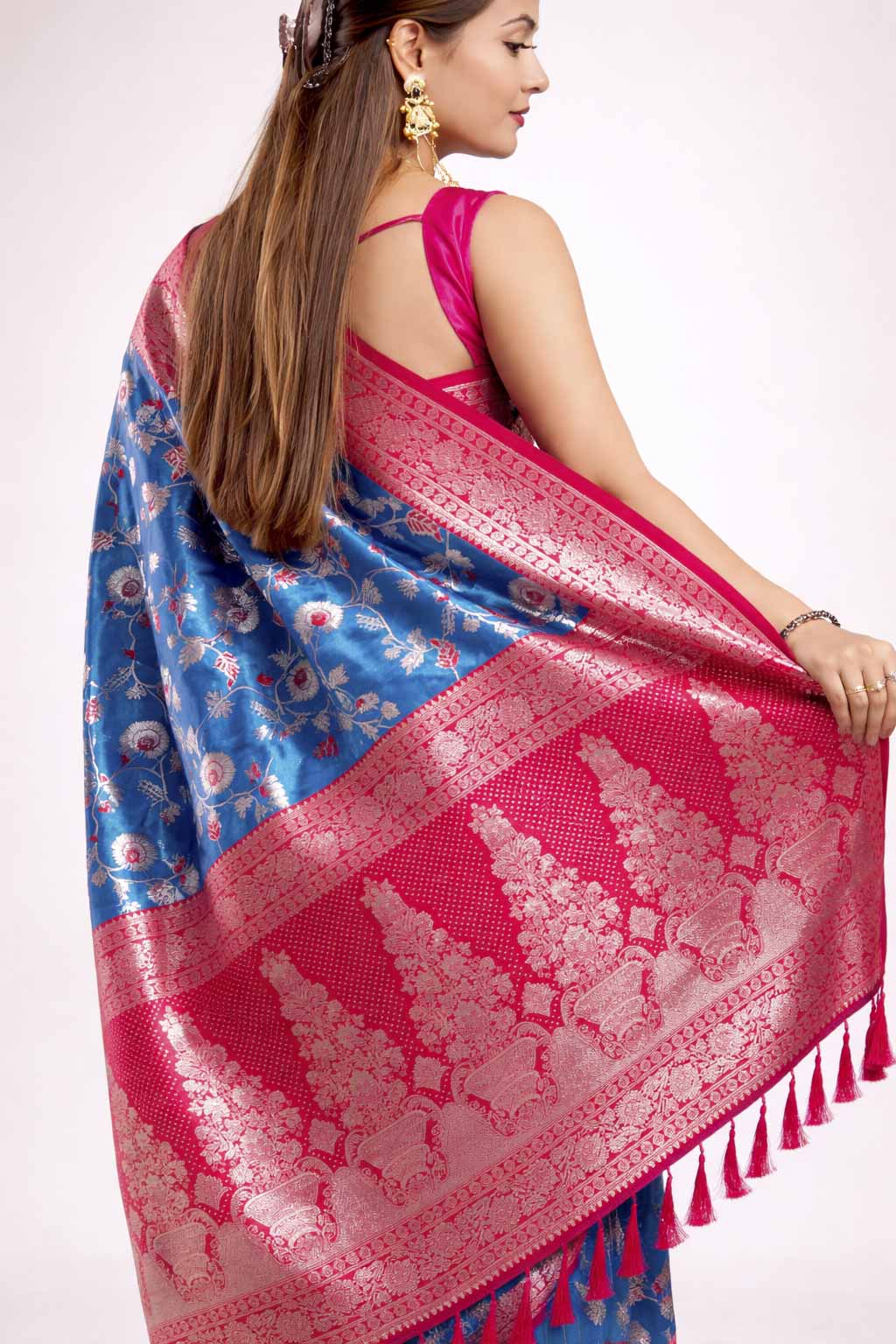 Royal Blue Jaal Banarasi Weave with Pink Zari Border Ready To Wear Saree