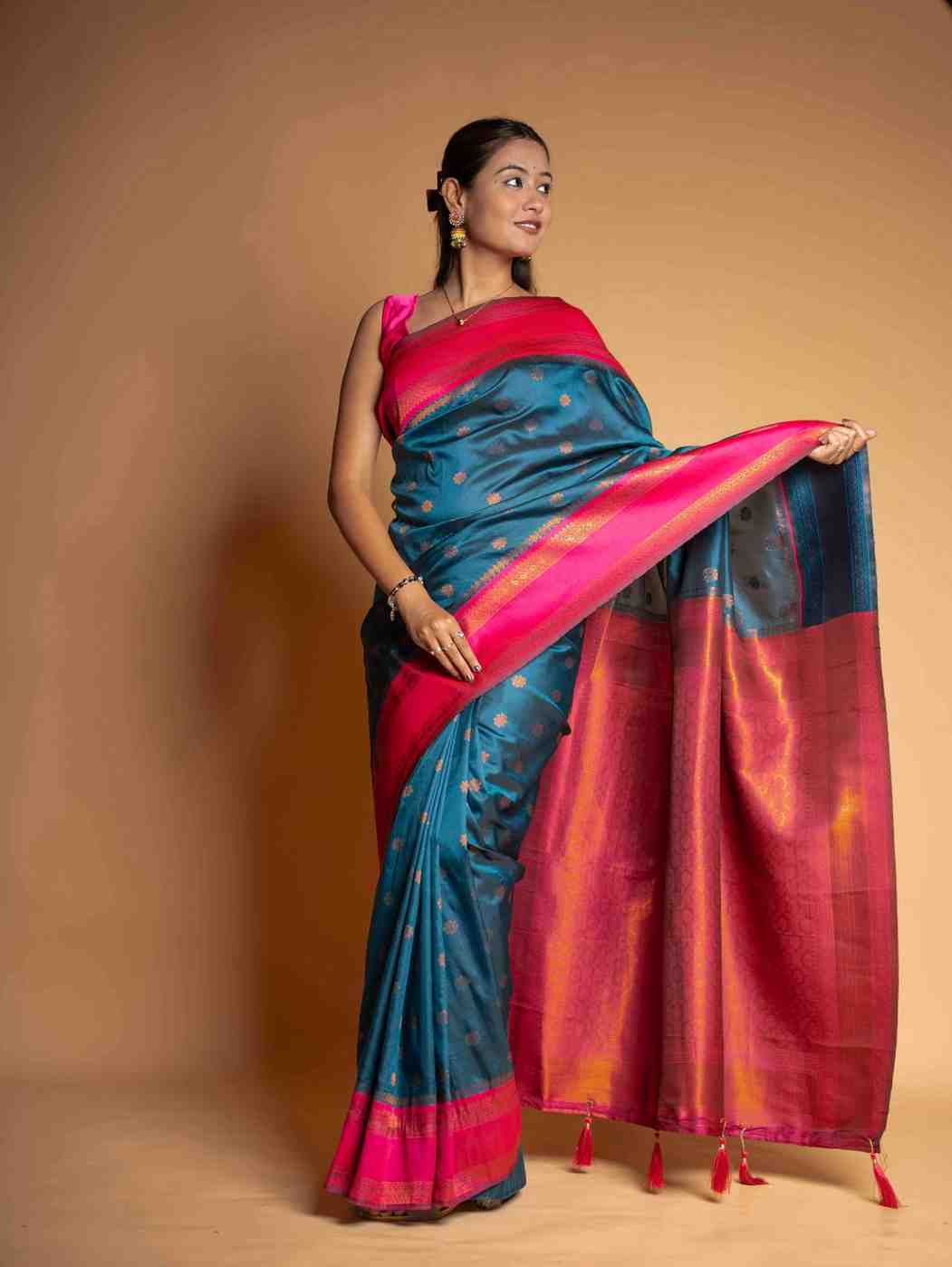 Royal Blue Design with all over buti Heavy Golden Embroidery Ready To Wear Saree