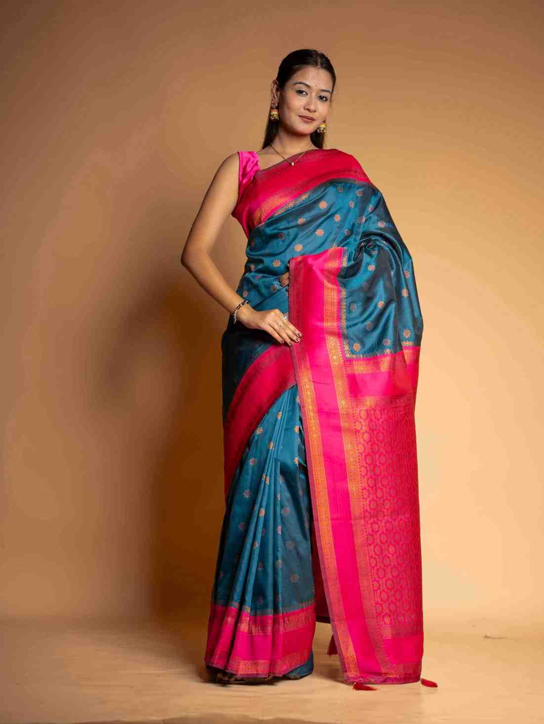 Royal Blue Design with all over buti Heavy Golden Embroidery Ready To Wear Saree