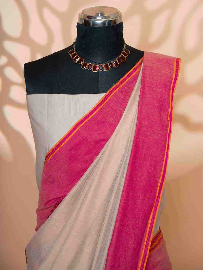 Elegant Off-White Cotton with Pink Zari Border Ready To Wear Saree