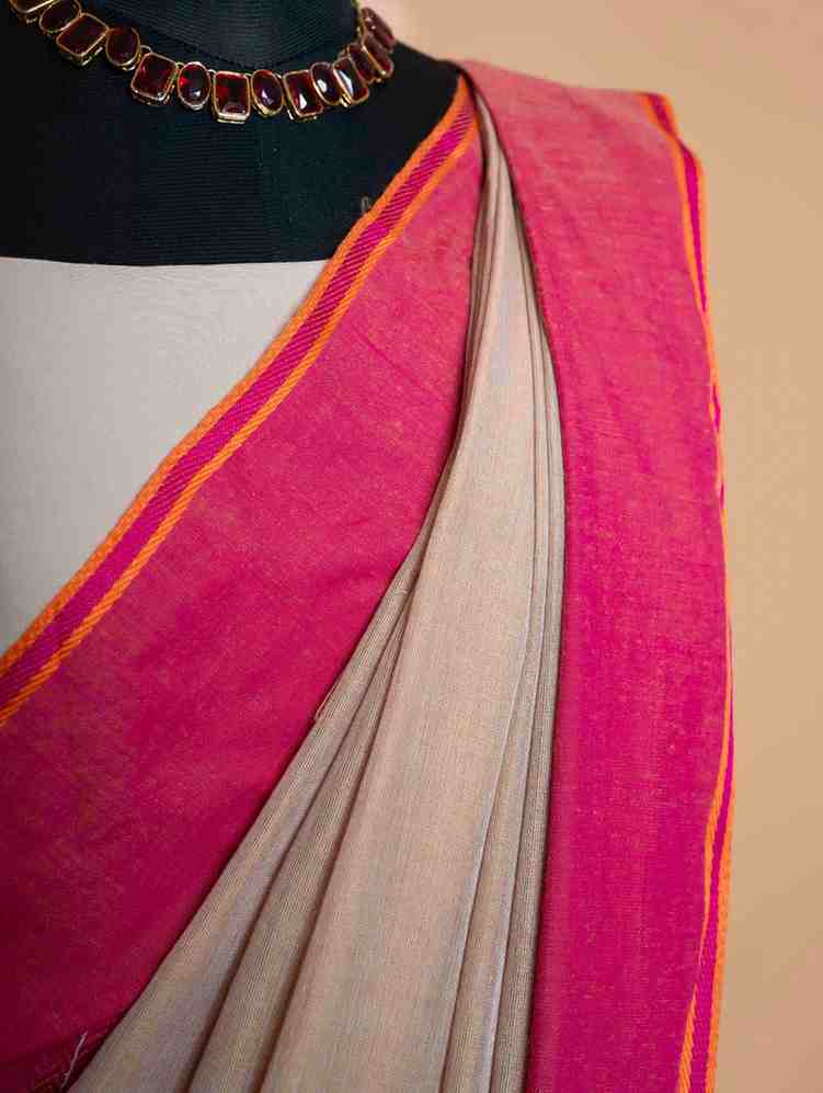 Elegant Off-White Cotton with Pink Zari Border Ready To Wear Saree