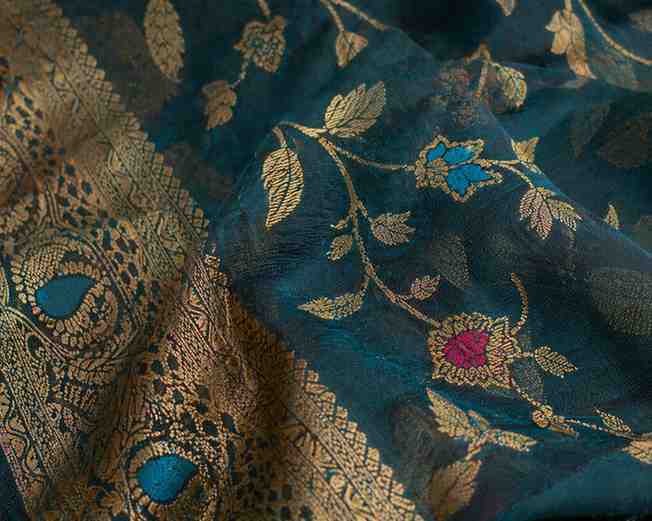 Elegant Teal Blue Floral Woven Banarasi Silk Saree