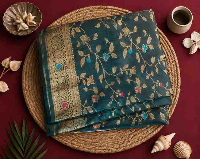 Elegant Teal Blue Floral Woven Banarasi Silk Saree