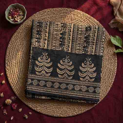 Classic Black Beige Hand Block Printed Cotton Ready To Wear Saree