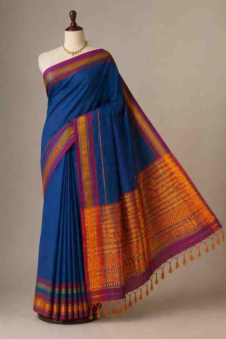 Royal Blue Traditional Cotton Silk with Contrast Zari Border Ready To Wear Saree