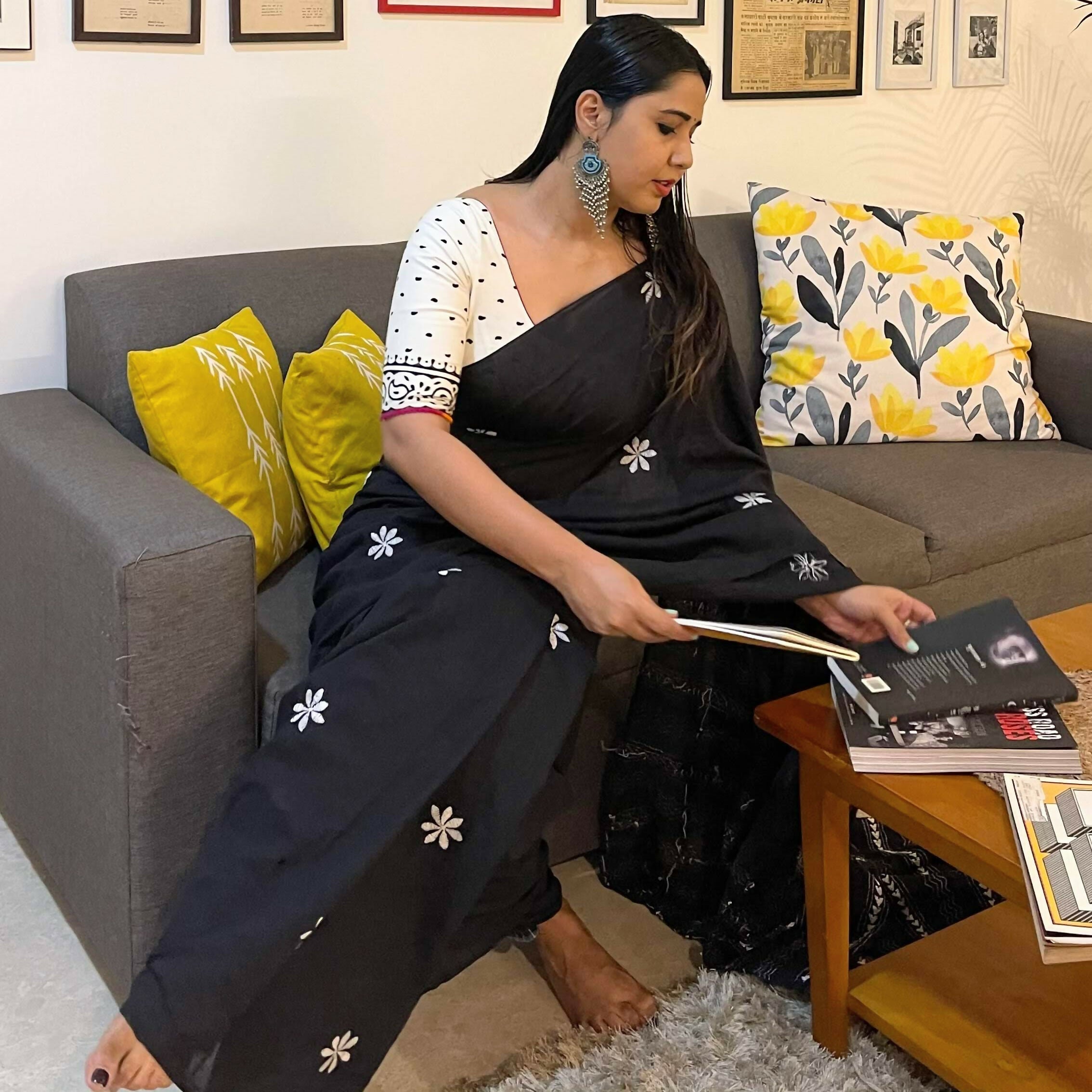 Kantha Kohl Stitch Floral Saree in Mul Cotton