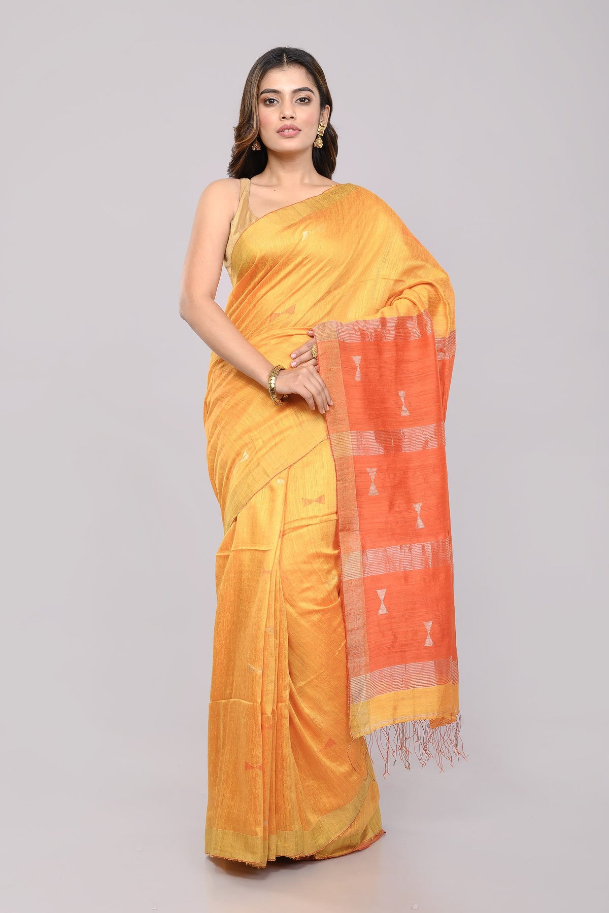 Yellow Orange Jamdani Matka Silk Saree | SHOBITAM