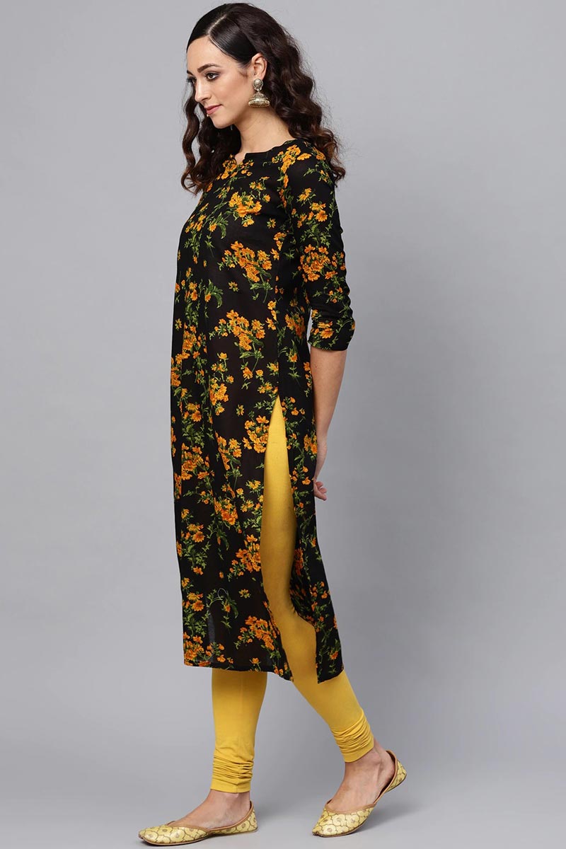 Regular Wear Rayon Blend Fabric Printed Black Color Simple Kurti | SHOBITAM