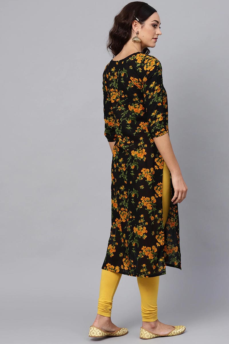 Regular Wear Rayon Blend Fabric Printed Black Color Simple Kurti | SHOBITAM