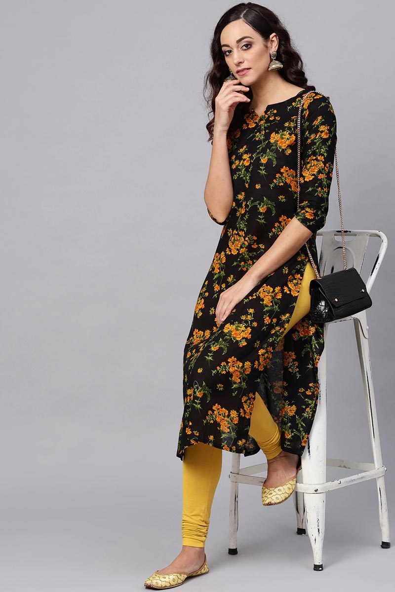 Regular Wear Rayon Blend Fabric Printed Black Color Simple Kurti | SHOBITAM