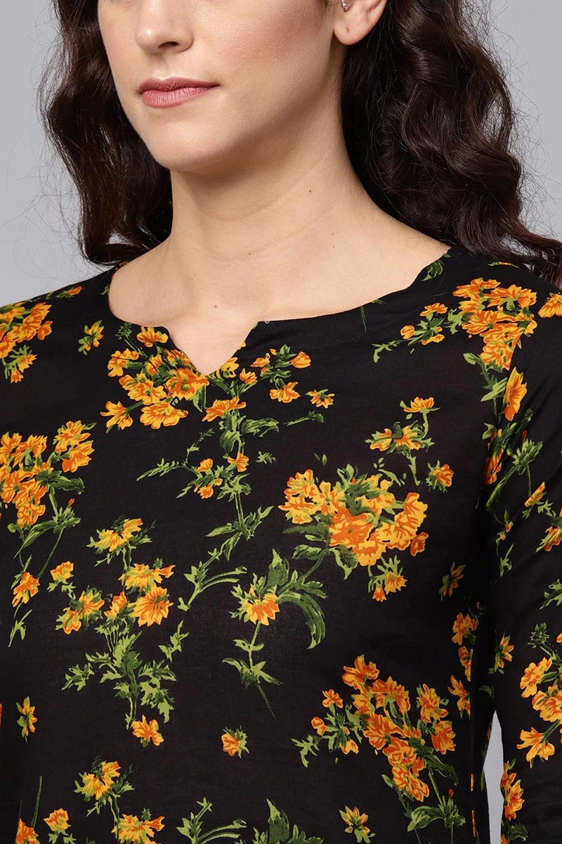 Regular Wear Rayon Blend Fabric Printed Black Color Simple Kurti | SHOBITAM
