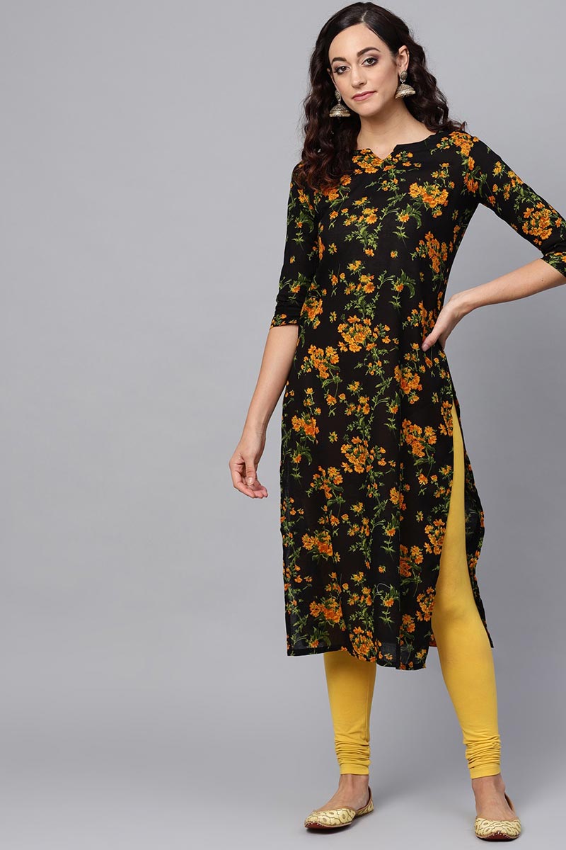Regular Wear Rayon Blend Fabric Printed Black Color Simple Kurti | SHOBITAM