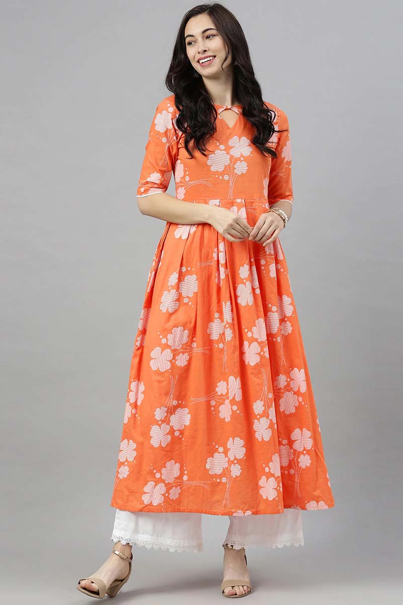Orange Floral Printed Keyhole Neck Kurta | SHOBITAM