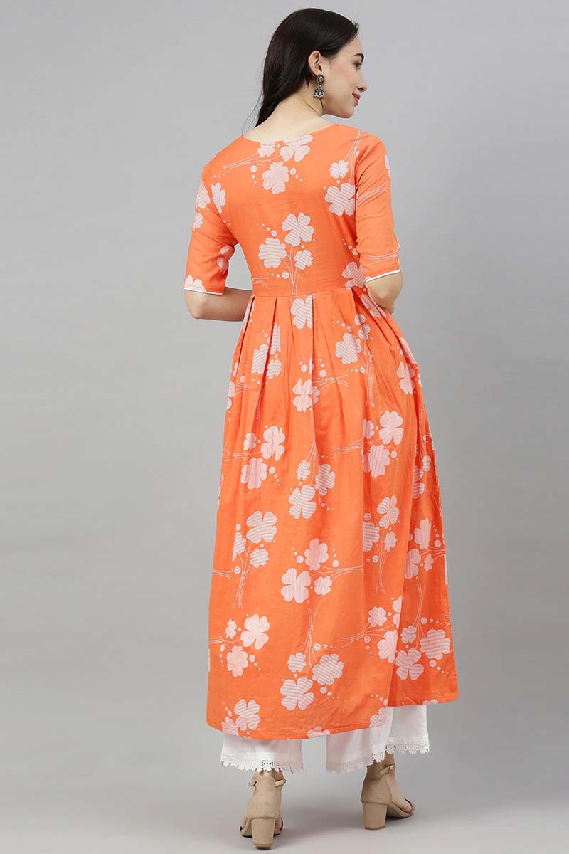 Orange Floral Printed Keyhole Neck Kurta | SHOBITAM