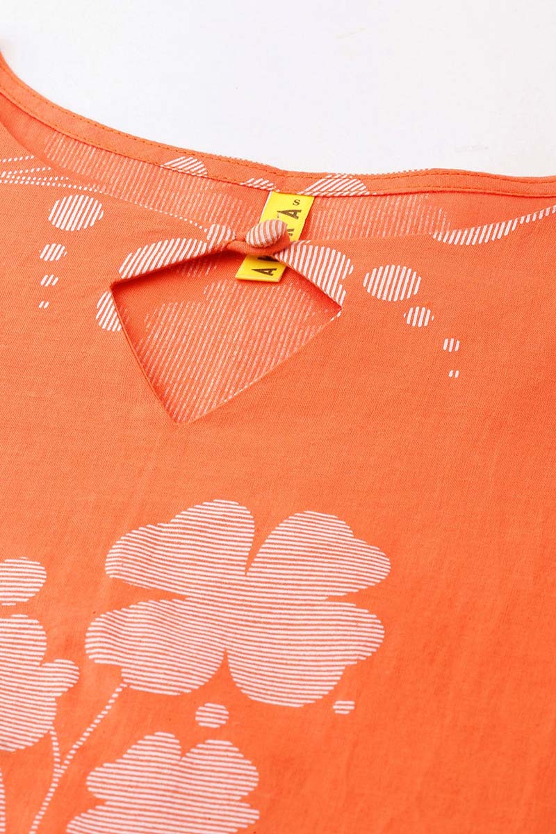 Orange Floral Printed Keyhole Neck Kurta | SHOBITAM