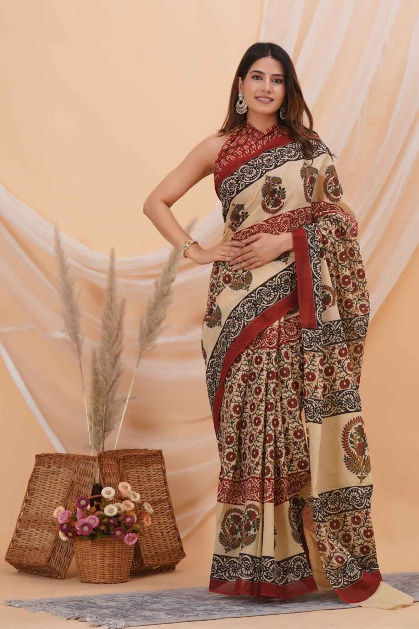 Mul Mul Cotton Kalamkari Hand Printed With Contrast Border Ready to Wear Saree