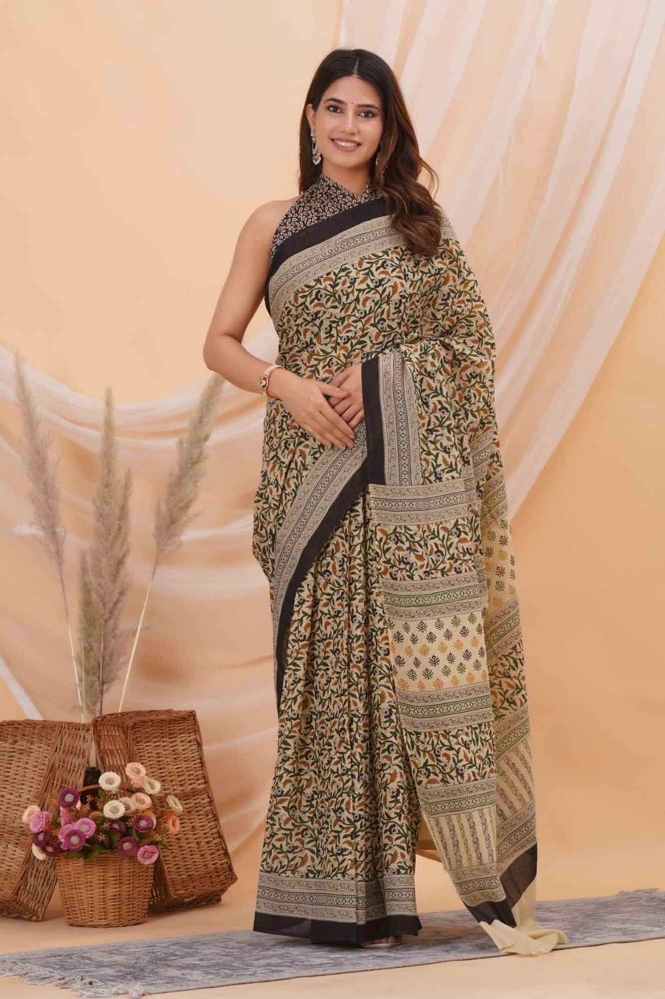 Mulmul Cotton With Vegetable Dye Hand Block Printed Ready To Wear Saree