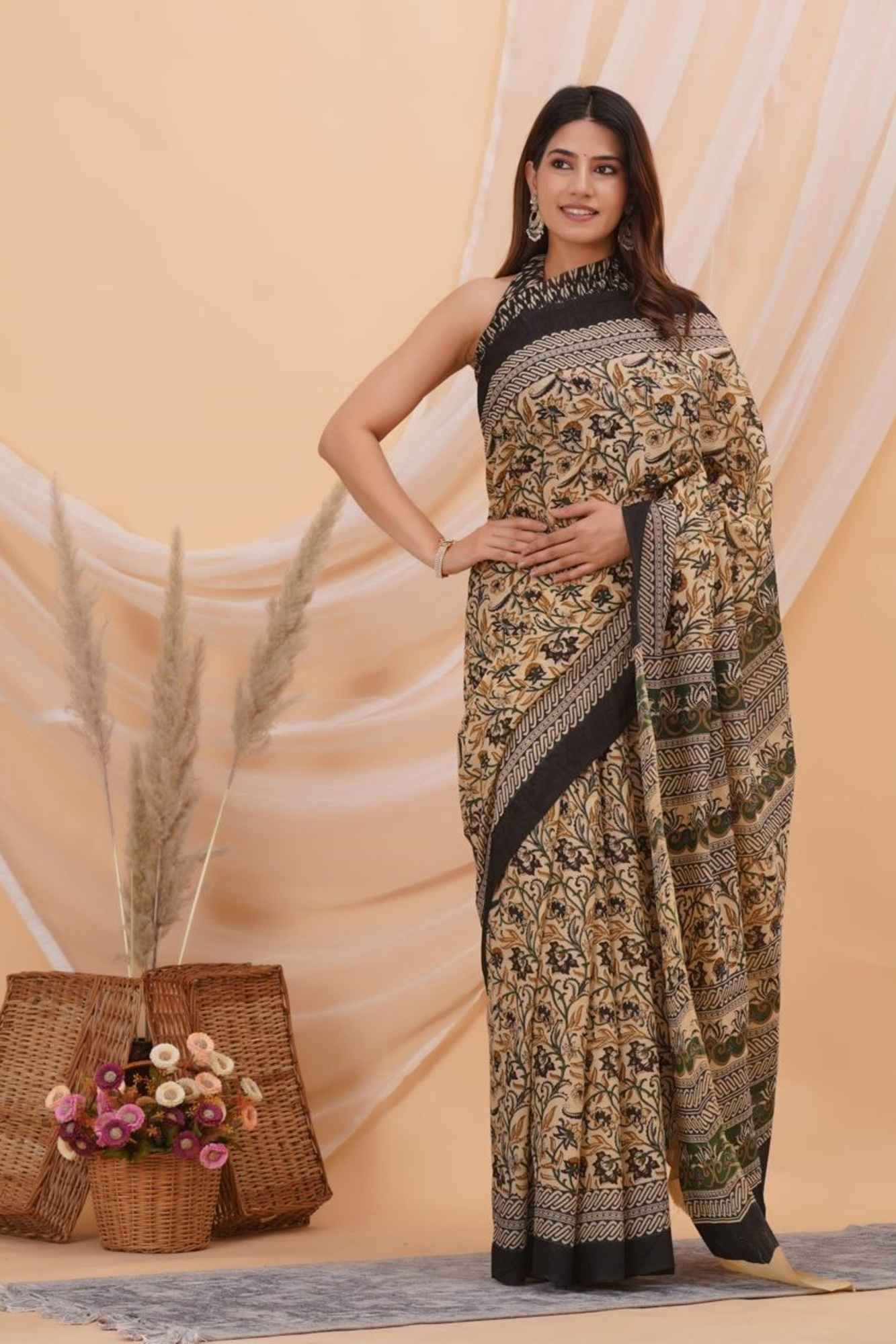 Mul Mul Cotton Kalamkari Hand Block Printed Ready To Wear Saree