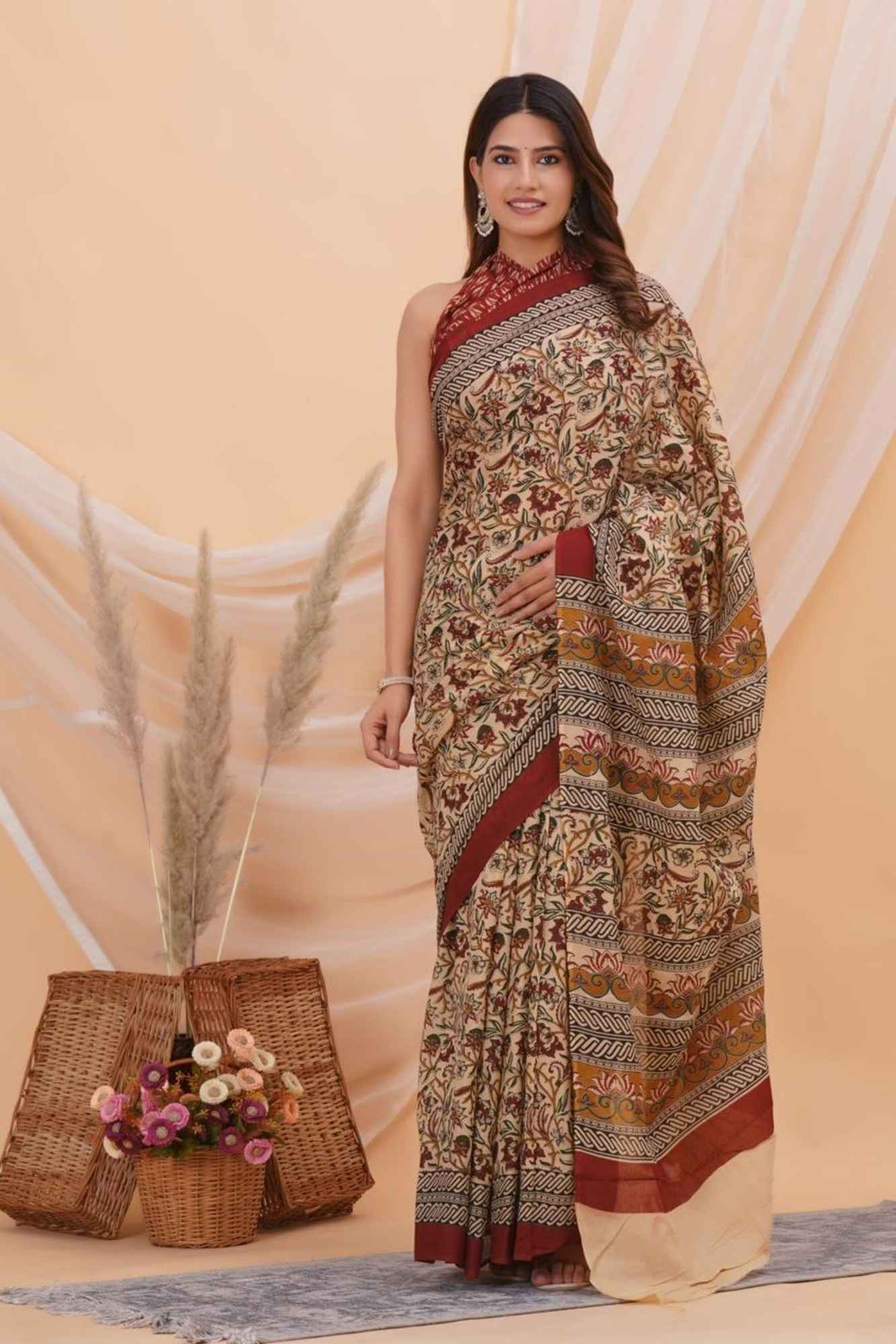 Mulmul Cotton with Kalamkari Floral Hand Block Printed Ready to wear Saree