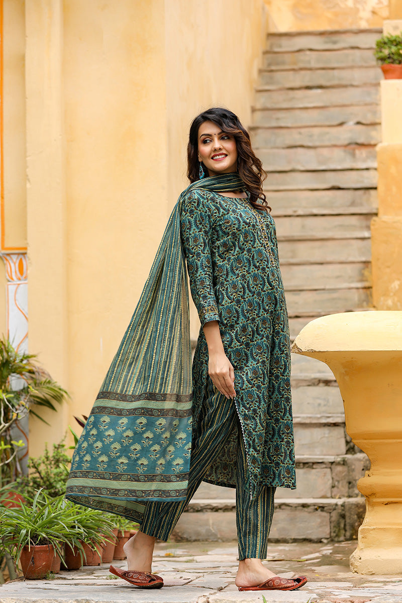 Green Rayon Blend Ethnic Motifs Suit Set | SHOBITAM