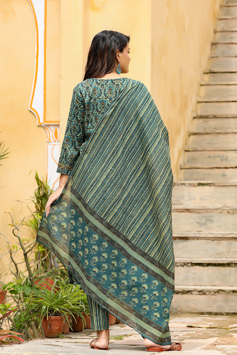 Green Rayon Blend Ethnic Motifs Suit Set | SHOBITAM