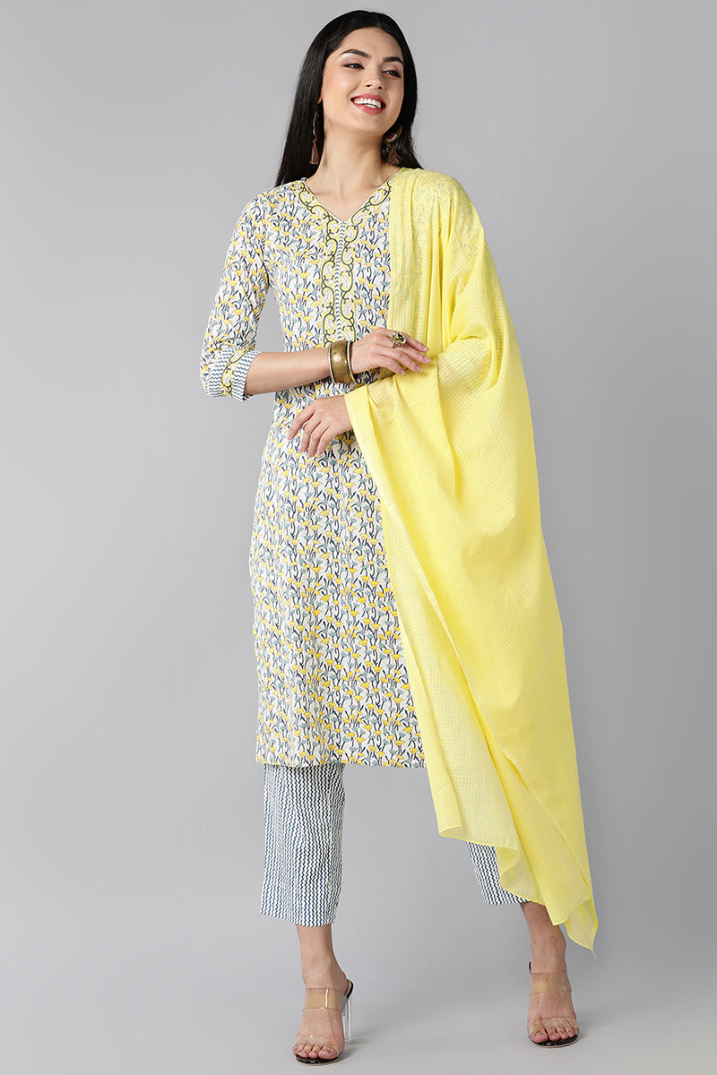 White Navy Blue Pure Cotton Kurta with Trousers Dupatta | SHOBITAM