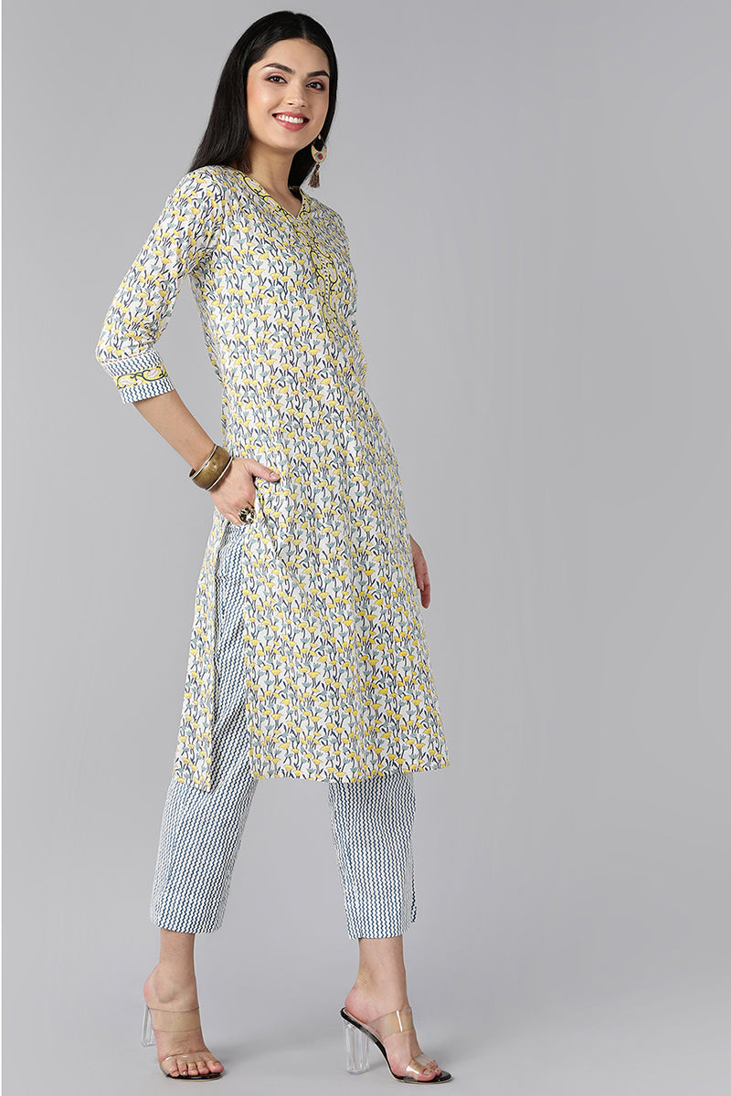 White Navy Blue Pure Cotton Kurta with Trousers Dupatta | SHOBITAM