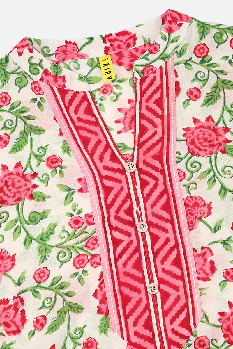White Pink Printed Cotton Kurta with Salwar and Dupatta – Ahika | SHOBITAM