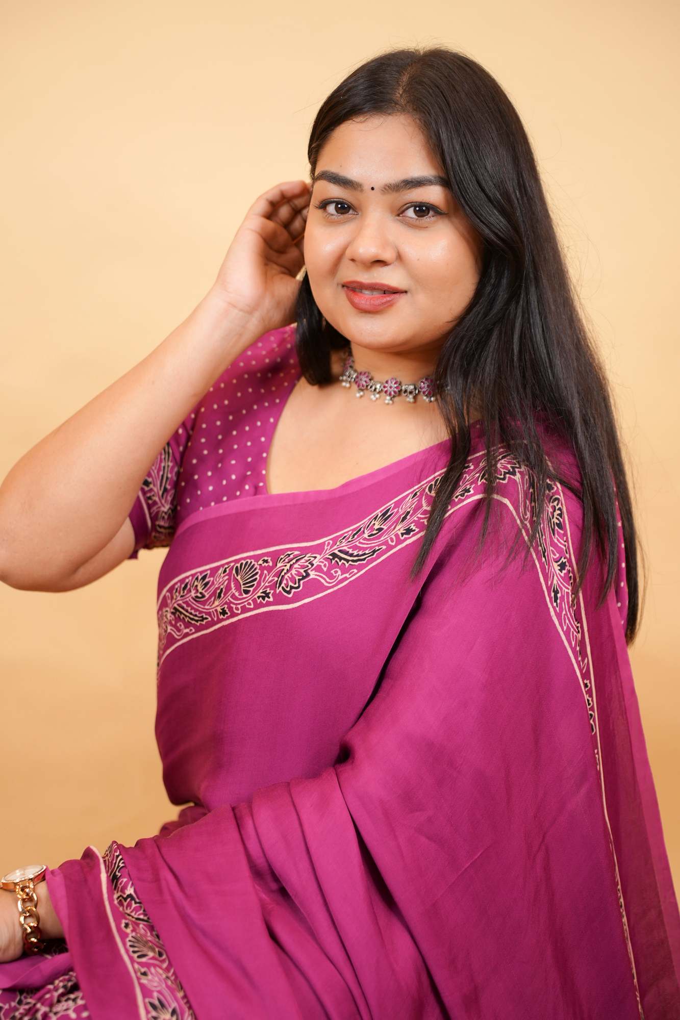 Exquisite Designer Pure Modal Silk Hand Block Ajrakh Printed Saree with Golden Zari Border Wrap in one minute saree