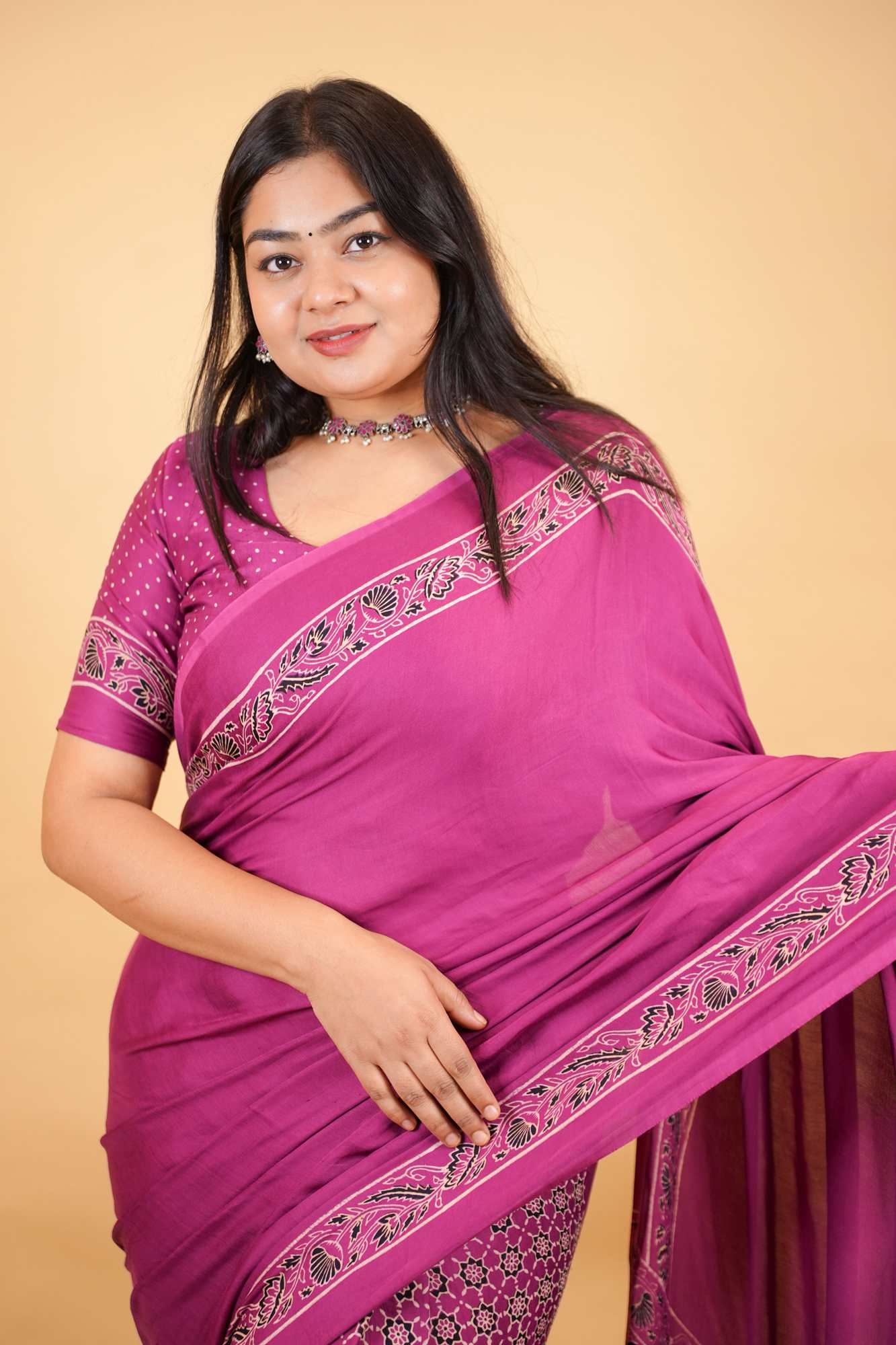 Exquisite Designer Pure Modal Silk Hand Block Ajrakh Printed Saree with Golden Zari Border Wrap in one minute saree