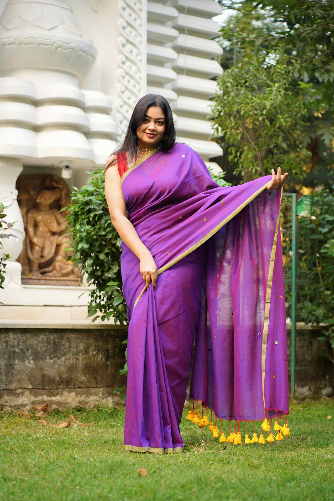 Color of royalty with handwoven Tikki all over - prestitched cotton silk saree