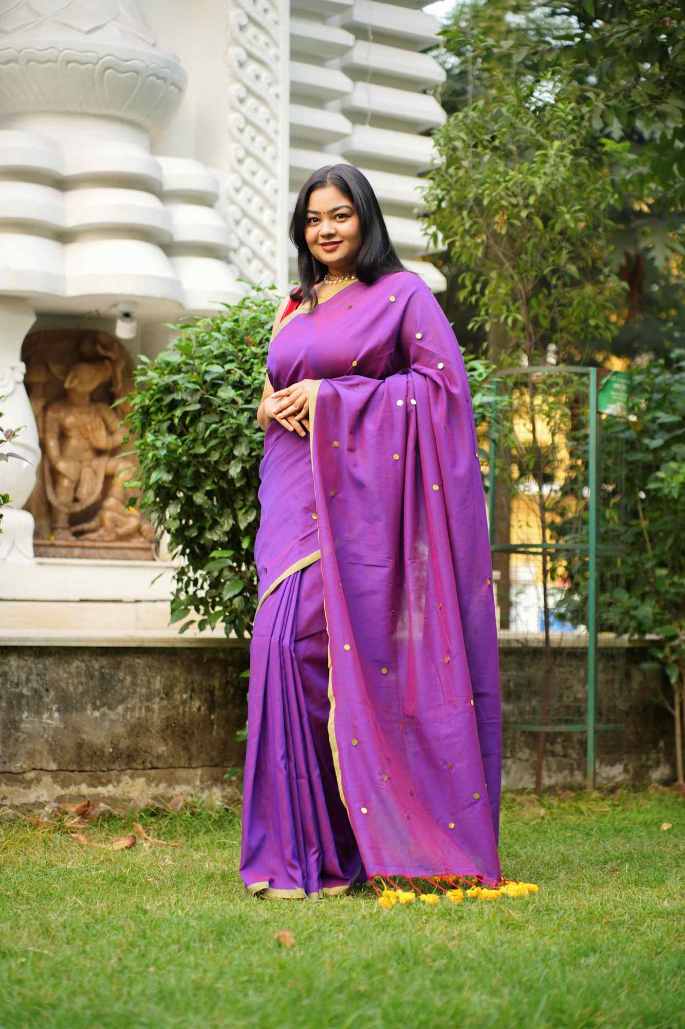Color of royalty with handwoven Tikki all over - prestitched cotton silk saree