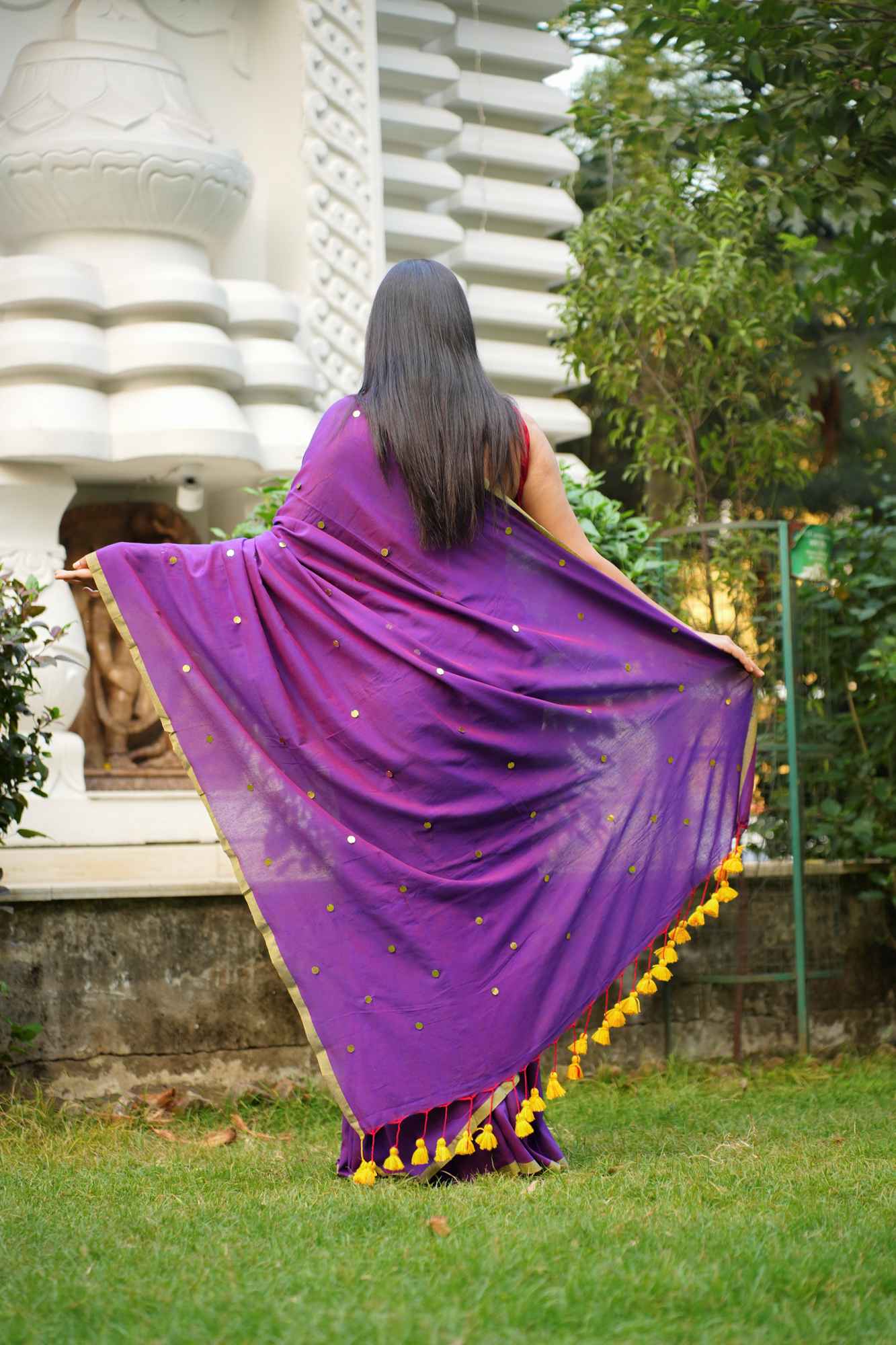 Color of royalty with handwoven Tikki all over - prestitched cotton silk saree