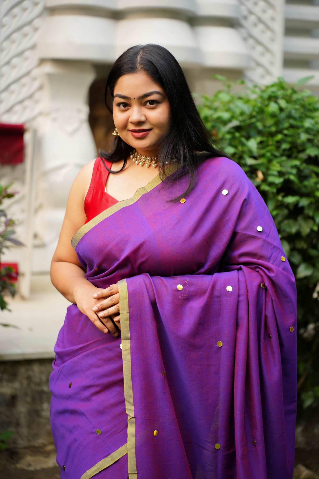 Color of royalty with handwoven Tikki all over - prestitched cotton silk saree