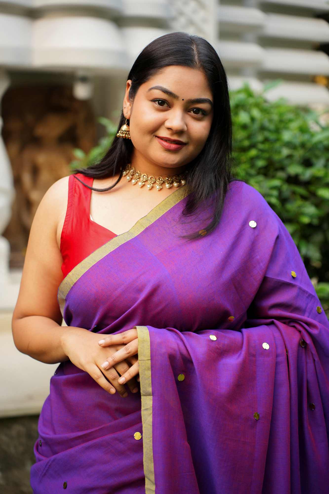 Color of royalty with handwoven Tikki all over - prestitched cotton silk saree