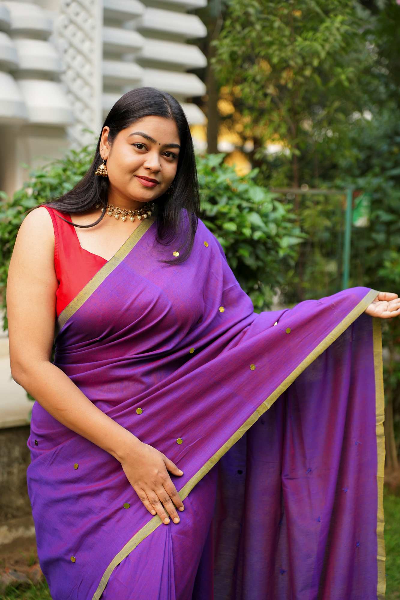 Color of royalty with handwoven Tikki all over - prestitched cotton silk saree