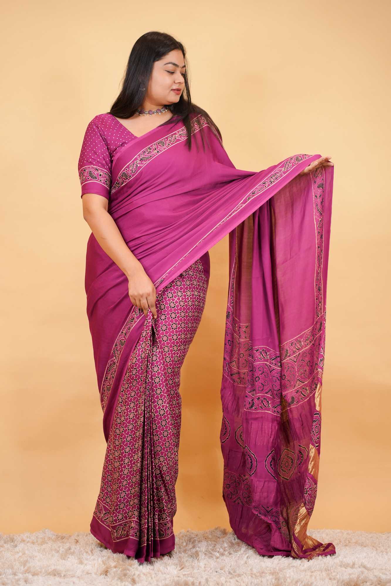 Exquisite Designer Pure Modal Silk Hand Block Ajrakh Printed Saree with Golden Zari Border Wrap in one minute saree