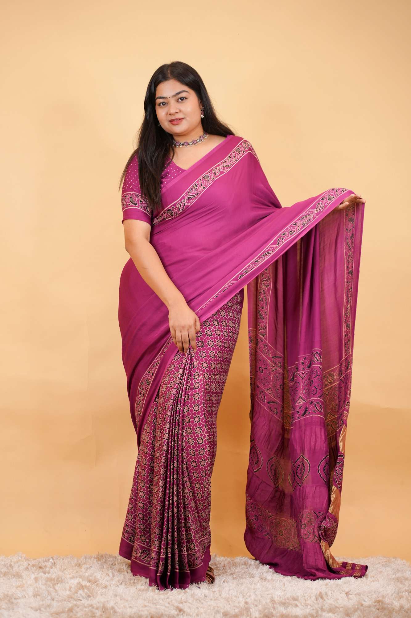 Exquisite Designer Pure Modal Silk Hand Block Ajrakh Printed Saree with Golden Zari Border Wrap in one minute saree