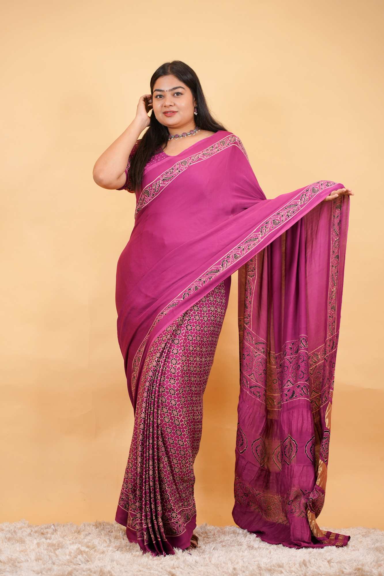 Exquisite Designer Pure Modal Silk Hand Block Ajrakh Printed Saree with Golden Zari Border Wrap in one minute saree