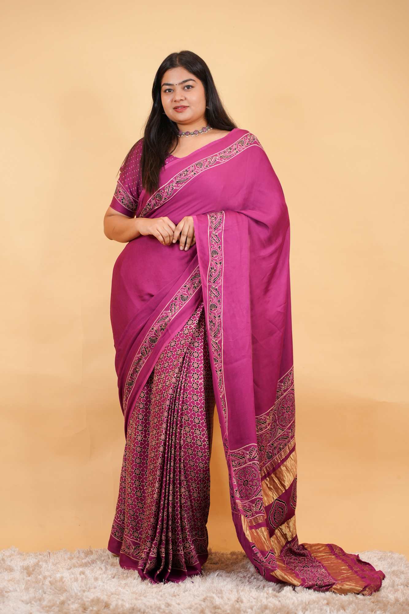 Exquisite Designer Pure Modal Silk Hand Block Ajrakh Printed Saree with Golden Zari Border Wrap in one minute saree