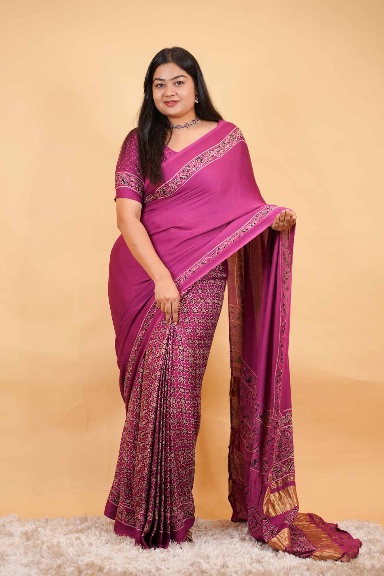 Exquisite Designer Pure Modal Silk Hand Block Ajrakh Printed Saree with Golden Zari Border Wrap in one minute saree