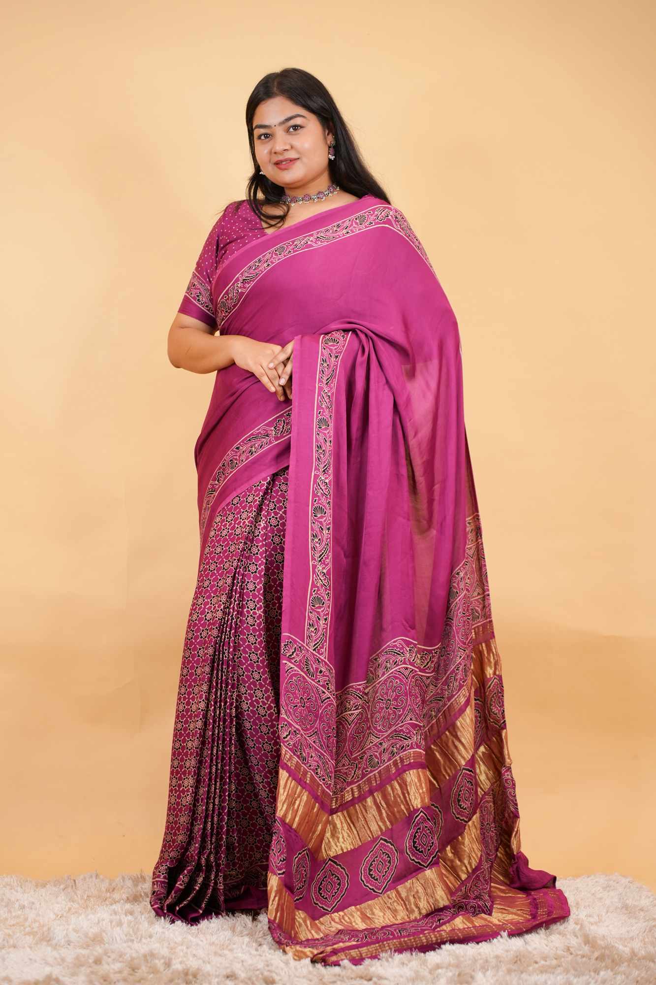 Exquisite Designer Pure Modal Silk Hand Block Ajrakh Printed Saree with Golden Zari Border Wrap in one minute saree