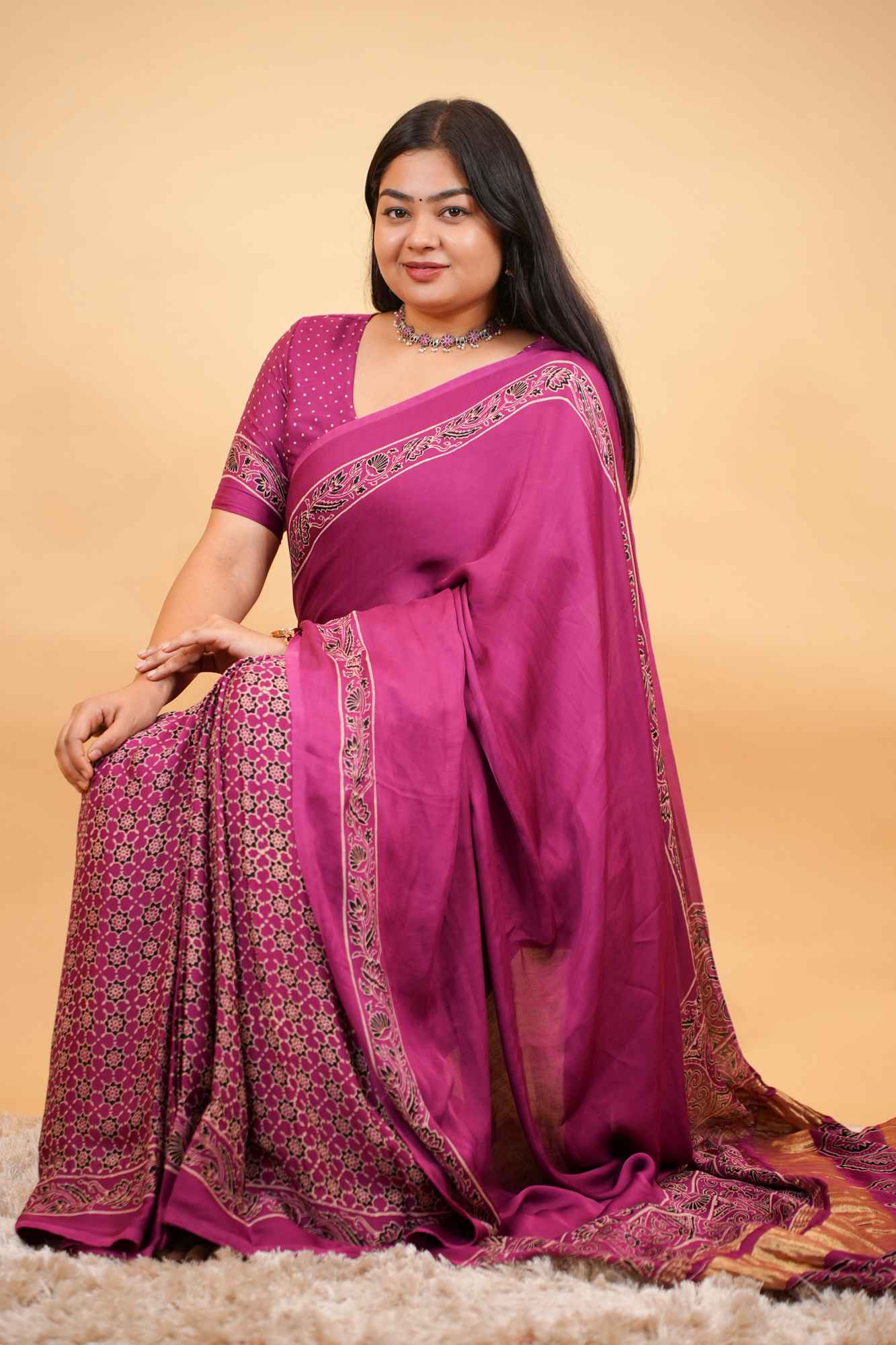 Exquisite Designer Pure Modal Silk Hand Block Ajrakh Printed Saree with Golden Zari Border Wrap in one minute saree