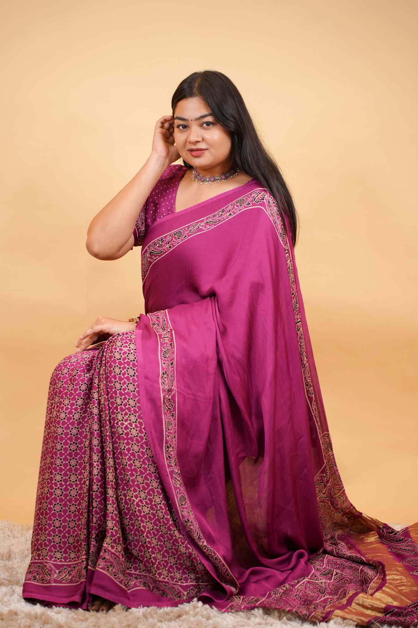 Exquisite Designer Pure Modal Silk Hand Block Ajrakh Printed Saree with Golden Zari Border Wrap in one minute saree