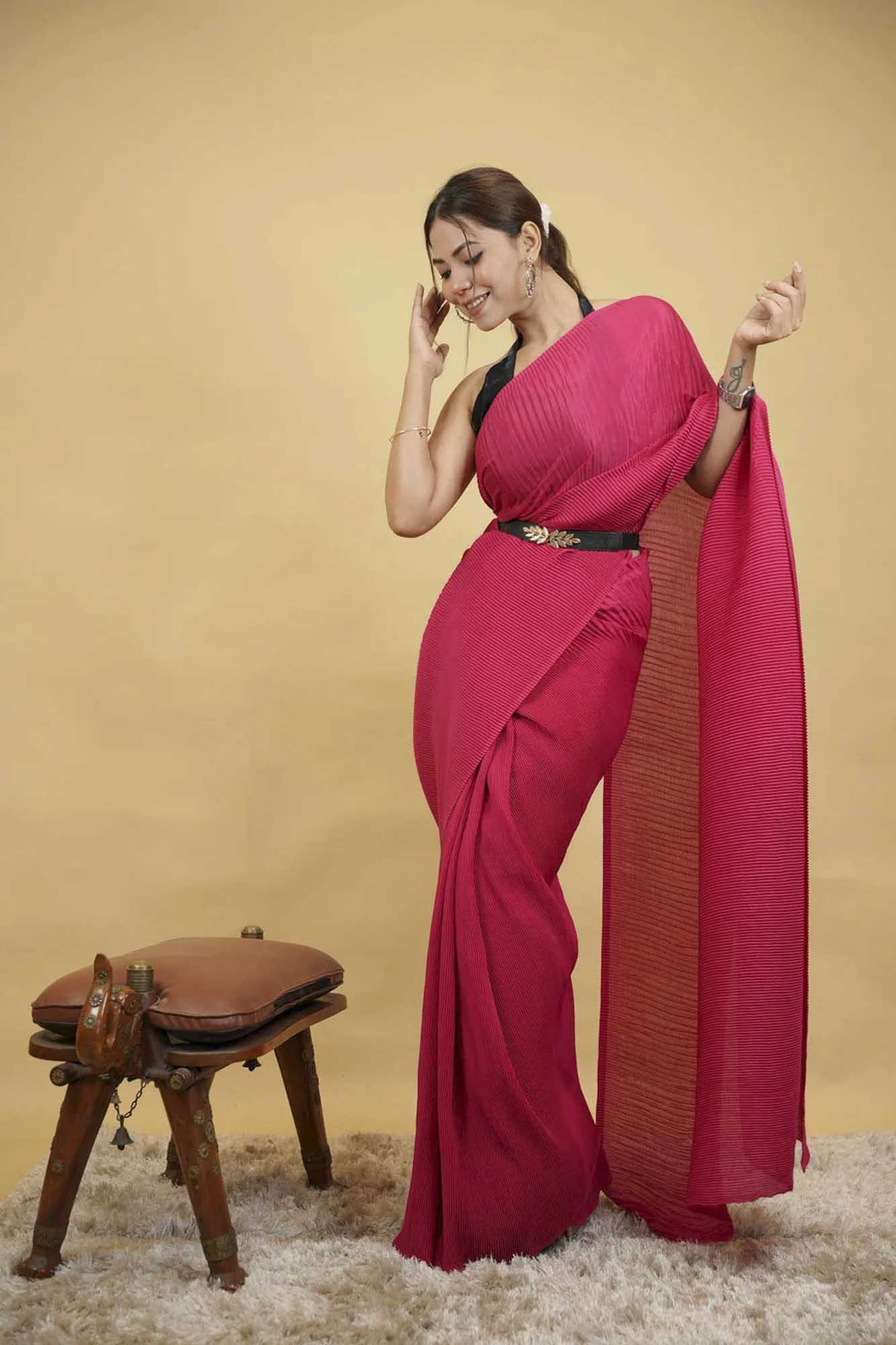 parineeti crushed/ crinkle pleated semi silk Ready To Wear Saree