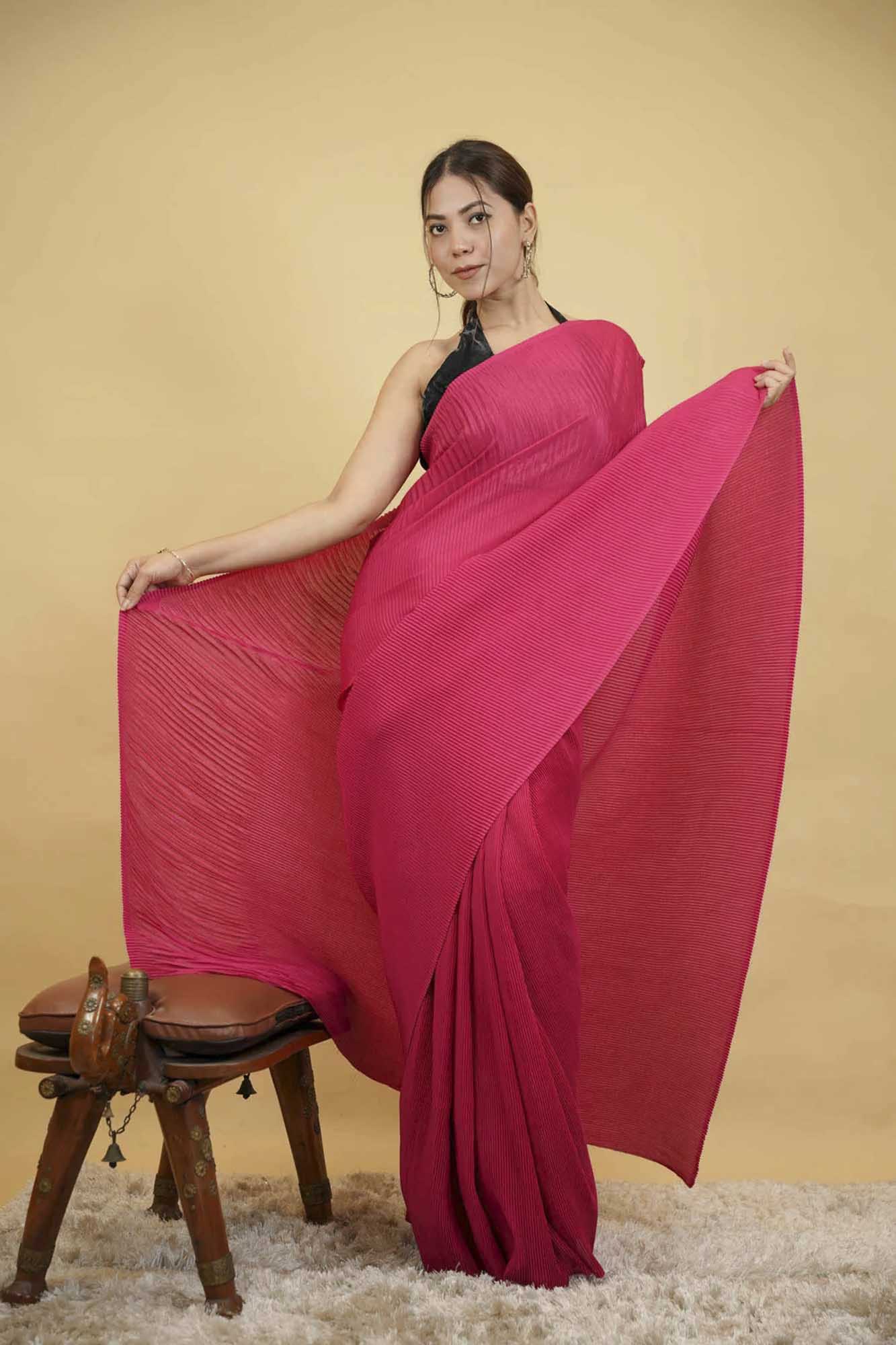 parineeti crushed/ crinkle pleated semi silk Ready To Wear Saree